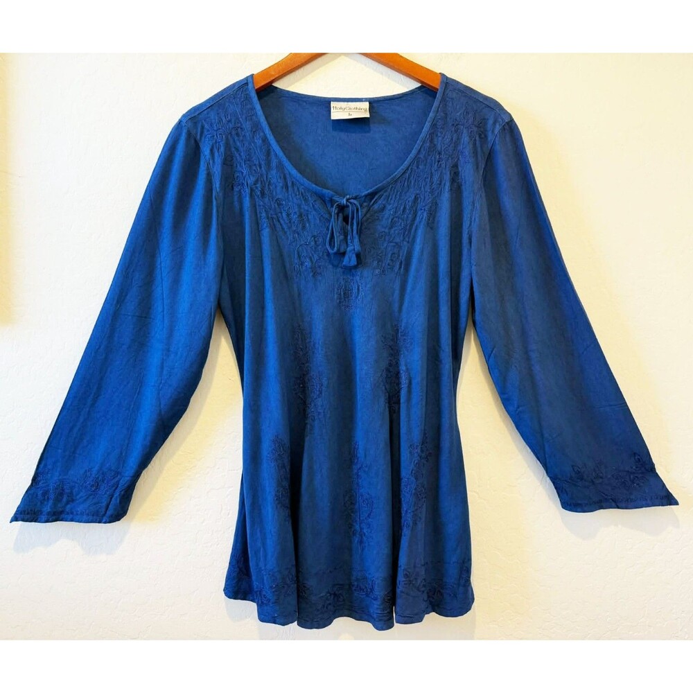 Holy Clothing Large Blue Top Embroidered Boho Tunic Festival Renaissance Peasant